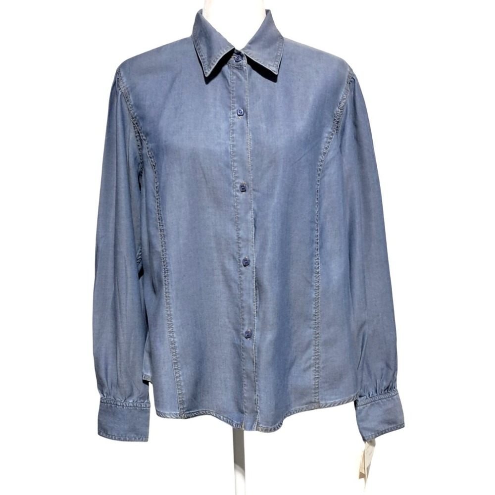 Liz Claiborne Button Down Shirt Women‎ Large Blue Chambray Tencel Long Sleeve